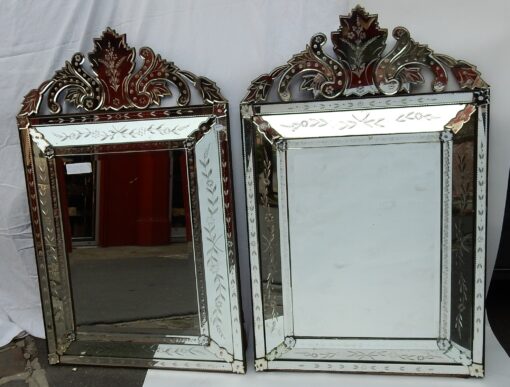 1950's Pair of Venetian Mirrors with Floral Decor and Pediment - Image 2