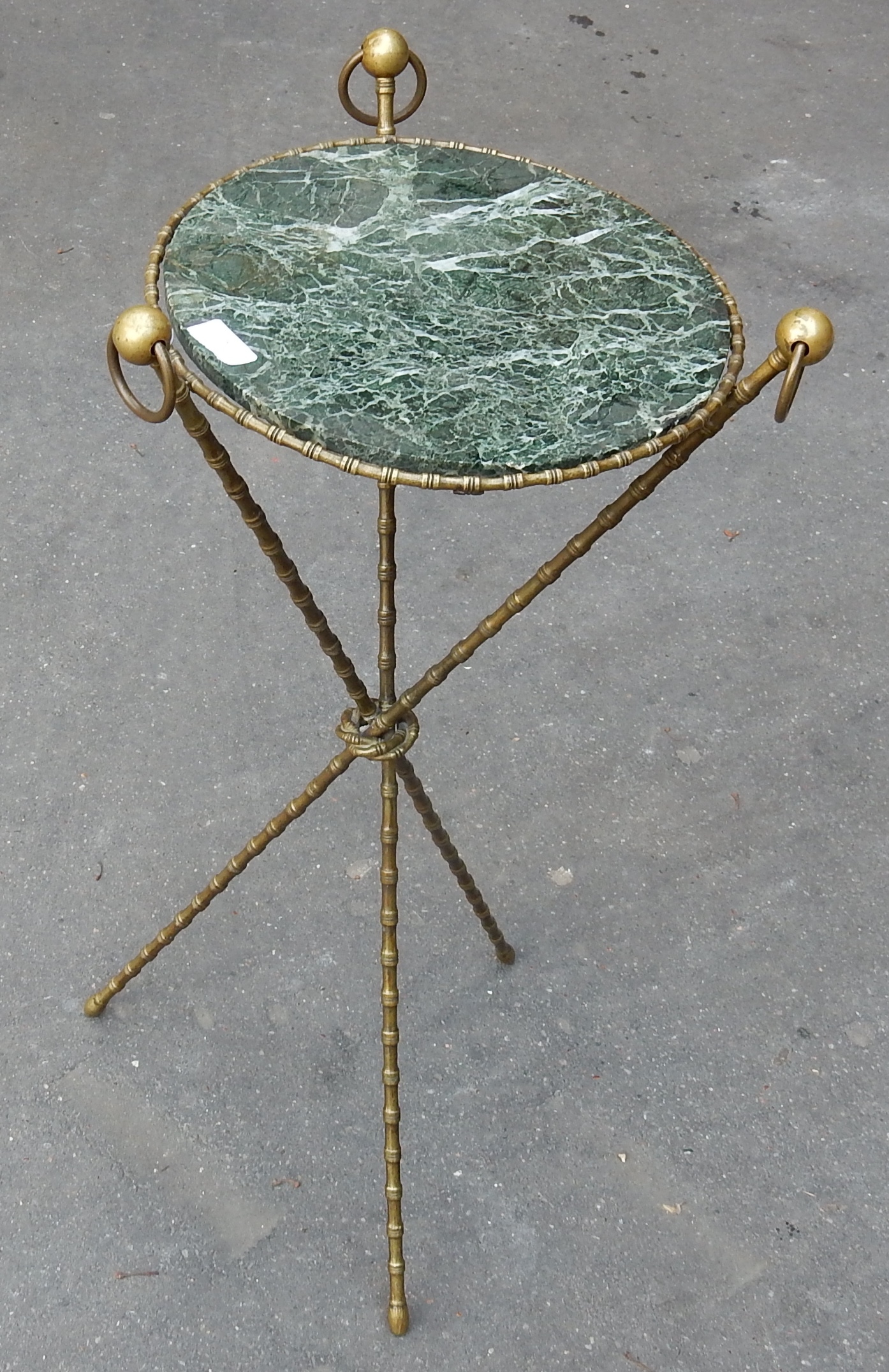 1880 'Pedestal Tripod Decor Bamboo Brass with Green Marble Veined