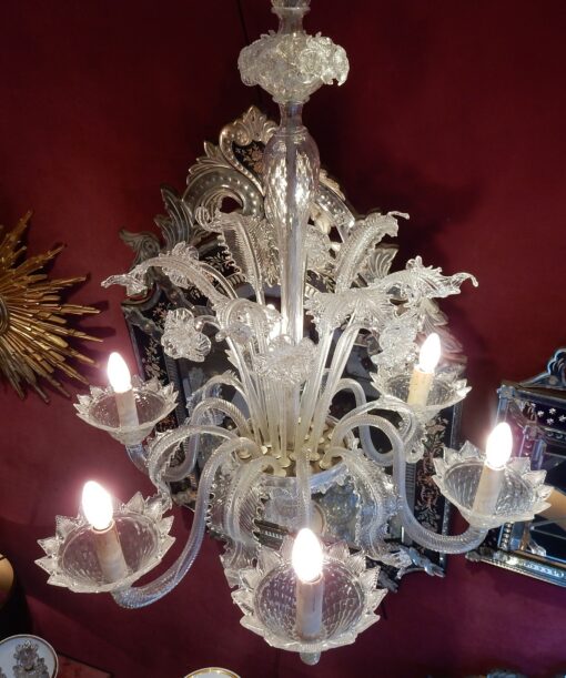 1950' Lustre Cristal Murano  6 Branches Coupoles a Bord Montant – Image 3