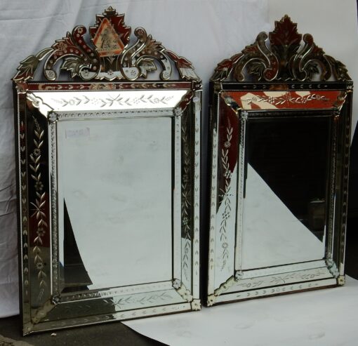 1950's Pair of Venetian Mirrors with Floral Decor and Pediment - Image 3