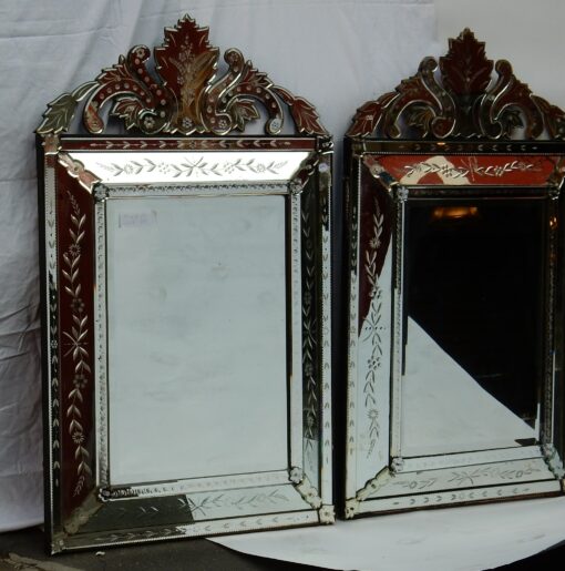 1950's Pair of Venetian Mirrors with Floral Decor and Pediment - Image 4