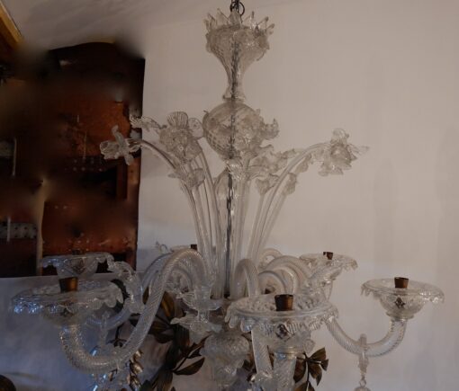1950' Murano Crystal Chandelier 6 Branches Cupolas On Board Falling Rings Adorning Arms With Bells - Image 3