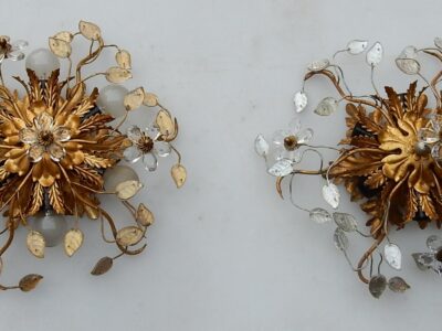 1970' Pair Of  Ceiling Light or Wall Lamp with Flowers and Leaves in the Style of Maison Baguès With Leaves
