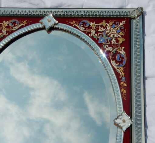 1880/1900 Venitian Mirror With Pediment, Red Color Glass Support Adorned with Flowers - Image 5