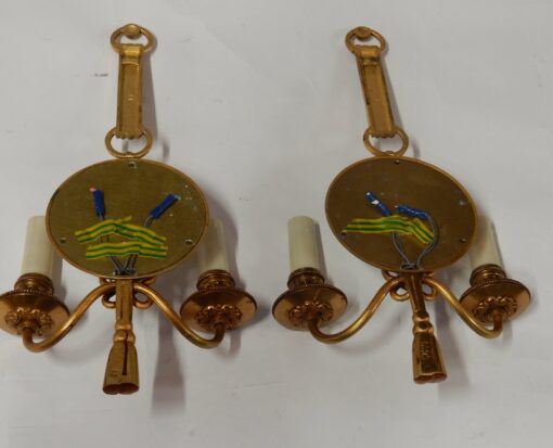 1950/70' Pair of Sconces in Gilted Bronze With Convex Mirror Petitot Signed - Image 4