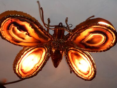 1970' Wall Lamp Butterfly Duval Brasseur Or Isabelle Faure With Wings Agate  30 X H  37 CM