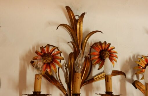 1970 'Pair of Painted Metal Sconces With Sunflower Decor 3 Arms Of Light - Image 4