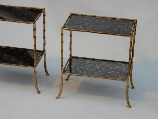 1950/70' Paire de Tables en Bronze Doré à 2 Niveaux Maison Baguès Plateaux Miroirs Vieillis Oxydés 38 X 21 cm – Image 4