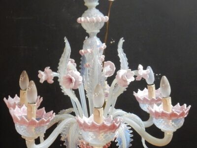 1970'  Chandelier Murano Blue And Pink Milked Colour 6 lights