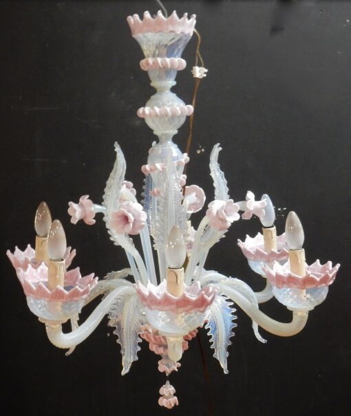 1970'  Chandelier Murano Blue And Pink Milked Colour 6 lights