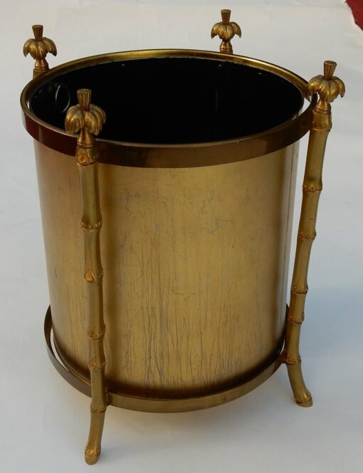 1970' Corbeille A Papier Montants Palmiers en Bronze Doré Style Maison Charles