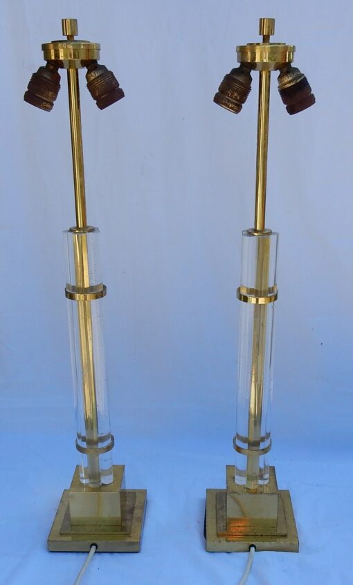 1970' Pair of Lamps in Lucite And Brass Gilted Columns Deco