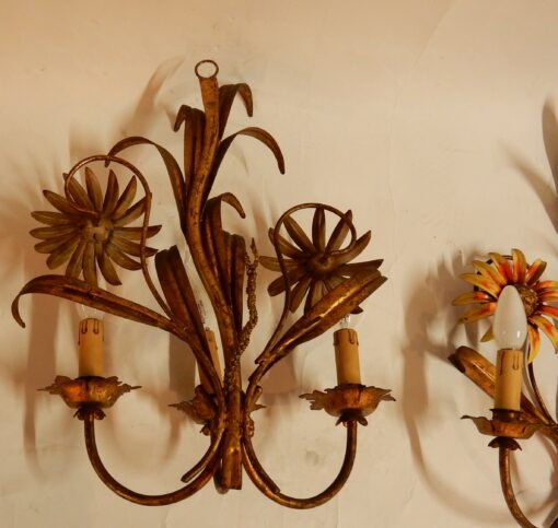 1970 'Pair of Painted Metal Sconces With Sunflower Decor 3 Arms Of Light - Image 5