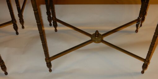 1950/70' Pair of Series of 3 Nesting Tables Maison Baguès Style Bamboo shape in Bronze Chinese Lacquer Black Top Flowers and Birds Design - Image 4