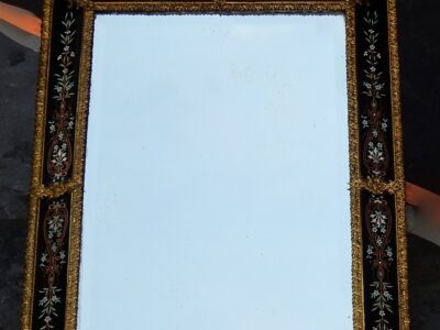 1880/1900 Venitian And Gilted Bronze Mirror With Pediment -Black  Color Glass Support Adorned with Flowers 137 X 83 cm