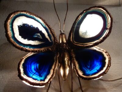 1970' Wall Lamp Butterfly Duval Brasseur Or Isabelle FaureWith Wings Blues Agates  37 X H  38 CM
