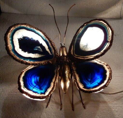 1970' Wall Lamp Butterfly Duval Brasseur Or Isabelle FaureWith Wings Blues Agates  37 X H  38 CM