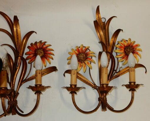 1970 'Pair of Painted Metal Sconces With Sunflower Decor 3 Arms Of Light - Image 8