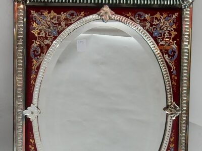 1880/1900 Venitian Mirror With Pediment, Red Color Glass Support Adorned with Flowers