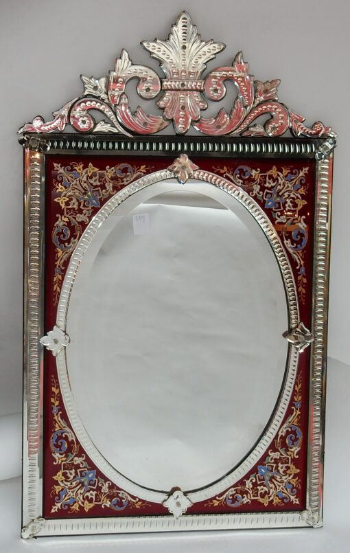 1880/1900 Venitian Mirror With Pediment, Red Color Glass Support Adorned with Flowers