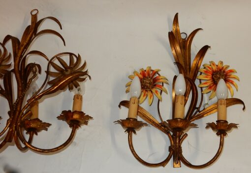 1970 'Pair of Painted Metal Sconces With Sunflower Decor 3 Arms Of Light - Image 6