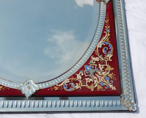 1880/1900 Venitian Mirror With Pediment, Red Color Glass Support Adorned with Flowers - Image 4