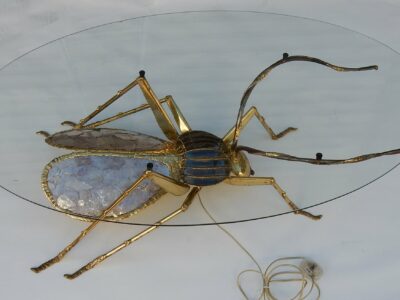 1970' Gilded Bronze and Pink Mica Cofee Table Cicada Style Duval Brasseur Enlightening