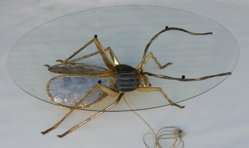 1970' Gilded Bronze and Pink Mica Cofee Table Cicada Style Duval Brasseur Enlightening