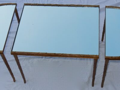 1970's Maison Charles Golden Brass Tripartite Table Palm Tree Deco With Mirror Trays