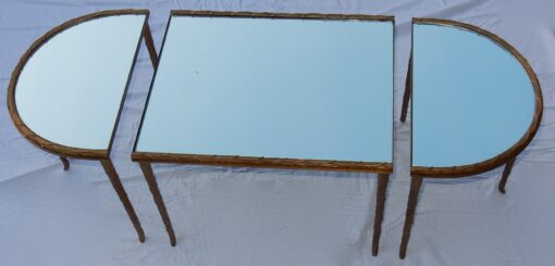 1970's Maison Charles Golden Brass Tripartite Table Palm Tree Deco With Mirror Trays