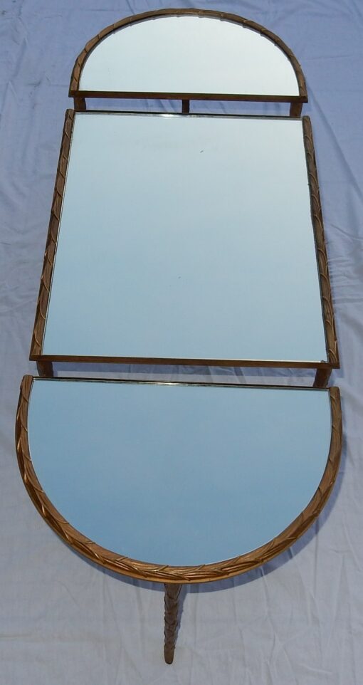 1970's Maison Charles Golden Brass Tripartite Table Palm Tree Deco With Mirror Trays - Image 3