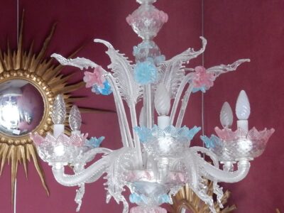 1970' Chandelier Murano Blue And Pink Colour 6 Lights