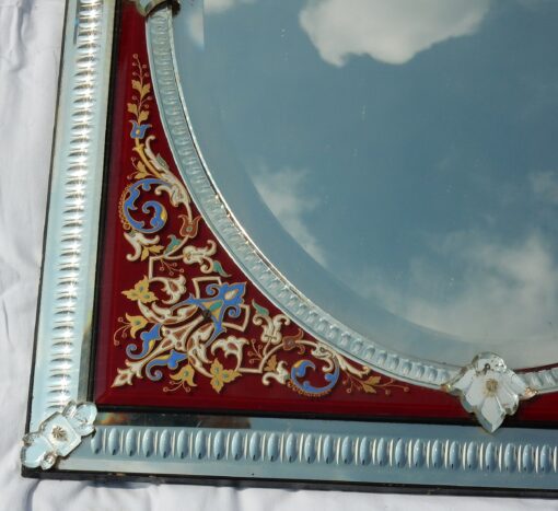 1880/1900 Venitian Mirror With Pediment, Red Color Glass Support Adorned with Flowers - Image 3