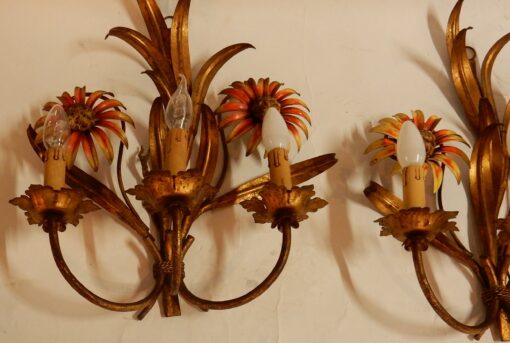 1970 'Pair of Painted Metal Sconces With Sunflower Decor 3 Arms Of Light - Image 3