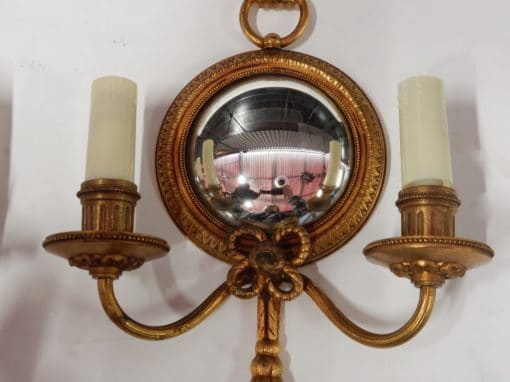 1950/70' Pair of Sconces in Gilted Bronze With Convex Mirror Petitot Signed - Image 5