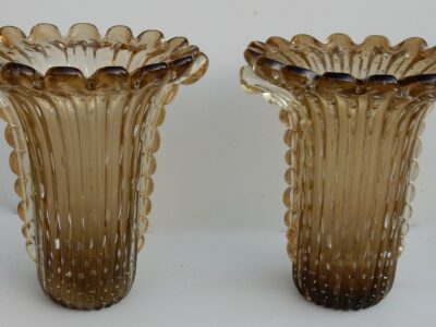 1970' Paire de Vases - Cristal Murano Ambré et Or - Signés Toso