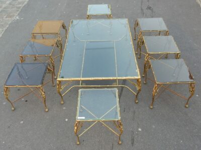 1950/70' Table Basse en Bronze Aux Cygnes et Ses 6 Bouts de canapés 145 x 94 cm