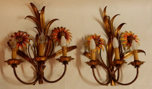 1970 'Pair of Painted Metal Sconces With Sunflower Decor 3 Arms Of Light - Image 2