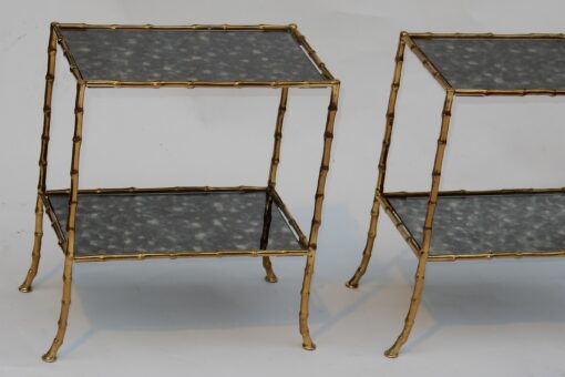 1950/70' Paire de Tables en Bronze Doré à 2 Niveaux Maison Baguès Plateaux Miroirs Vieillis Oxydés 38 X 21 cm – Image 6