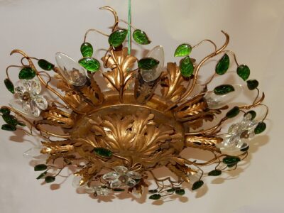 1970' Ceiling Light or Wall Lamp with Flowers and Leaves Maison Baguès Style With Green Color Leaves