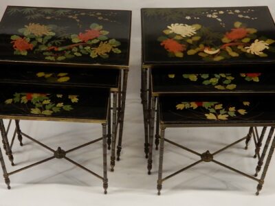 1950/70' Pair of Series of 3 Nesting Tables Maison Baguès Style Bamboo shape in Bronze Chinese Lacquer Black Top Flowers and Birds Design