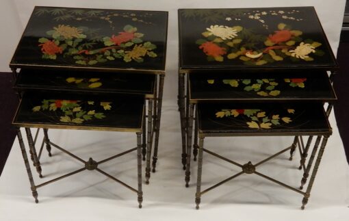 1950/70' Pair of Series of 3 Nesting Tables Maison Baguès Style Bamboo shape in Bronze Chinese Lacquer Black Top Flowers and Birds Design