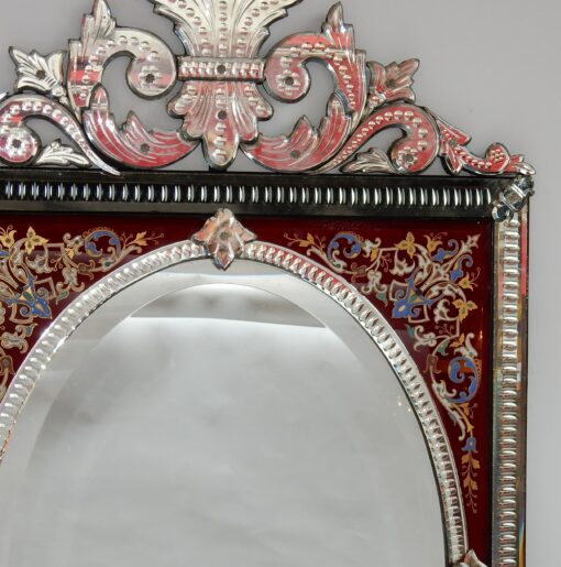 1880/1900 Venitian Mirror With Pediment, Red Color Glass Support Adorned with Flowers - Image 8
