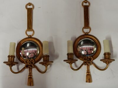 1950/70' Pair of Sconces in Gilted Bronze With Convex Mirror Petitot Signed
