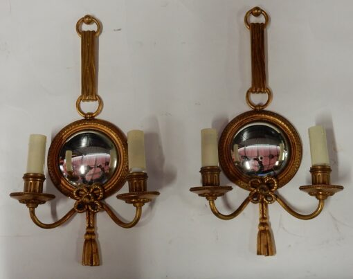 1950/70' Pair of Sconces in Gilted Bronze With Convex Mirror Petitot Signed