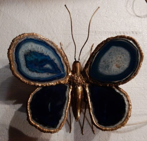 1970' Wall Lamp Butterfly Duval Brasseur Or Isabelle FaureWith Wings Blues Agates  37 X H  38 CM - Image 4
