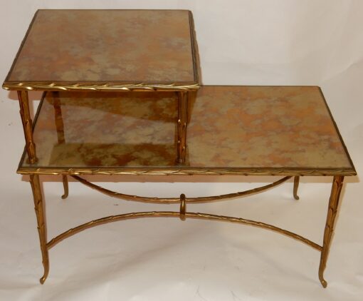 1970' Table à Étage En Bronze Doré Décor Palmier Maison Charles 72 X 38 cm