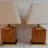 1950/70' Paire de Lampes Art Déco Laiton Doré Et Loupe D'Érable Moucheté