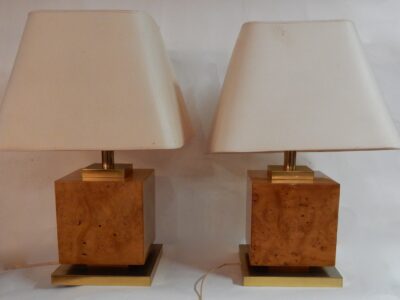 1950/70 'Pair Of Art Deco Lamps Golden Brass And Speckled Maple Magnifier