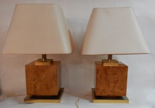 1950/70 'Pair Of Art Deco Lamps Golden Brass And Speckled Maple Magnifier